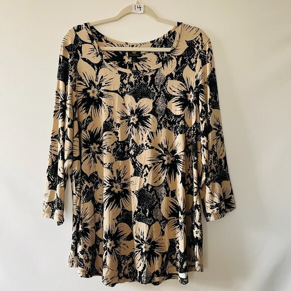 JM Collection Womens Tan Black 3/4 Sleeve Floral Flowy Blouse Top Plus Size 2X - Picture 1 of 8
